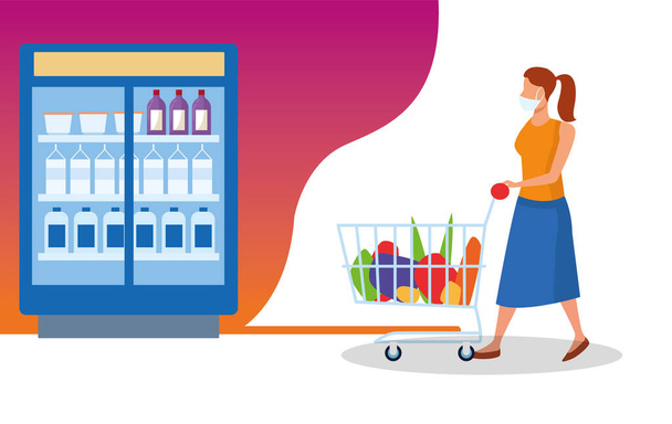 woman using face masks in supermarket - Vector, Image