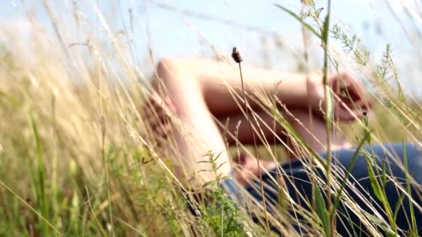 Tegen de achtergrond van gras, een man liegt en rust - Video