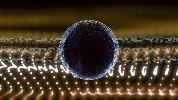 3D-Rendering glühender Hintergrund mit elektrischen Leitungen, die Energie zu einem Globus mit blauen Teilchen im Zentrum übertragen. - Filmmaterial, Video