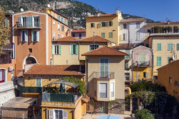 France, Cote d'Azur, Villefranche. Architectural details of houses on the waterfront, view from the sea - Φωτογραφία, εικόνα