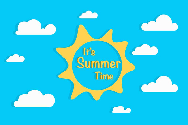 Eenvoudig ontwerp van poster met zonweringselement en woorden De zomertijd op blauwe achtergrond met witte wolken - Vector, afbeelding