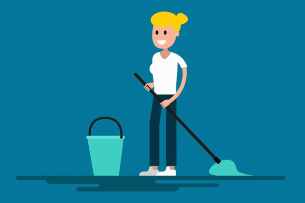 Värikäs eps suunnittelu iloinen nainen pesu lattia moppi tummansininen tausta - Vektori, kuva