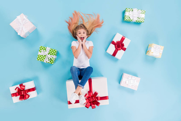 Top above high angle view full size photo astonished girl celebrate 8-march holiday sit lay gift box many present her she impressed scream touch hands face isolated blue color background - Foto, immagini