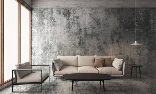 Living room with concrete wall & floor,loft interior design. 3D illustration - Fotografie, Obrázek