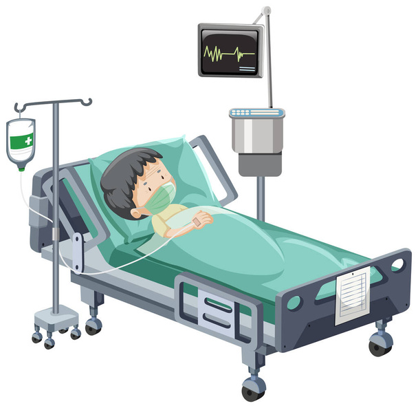 Больничная сцена с больным пациентом в постели на белом фоне - Вектор,изображение