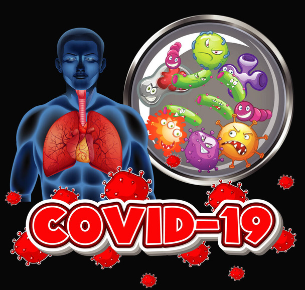 Coronavirus θέμα με τα κύτταρα του ανθρώπου και του ιού στην απεικόνιση των πνευμόνων - Διάνυσμα, εικόνα