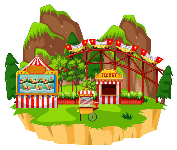 Scene with roller coaster and game on the island illustration - Vector, Image