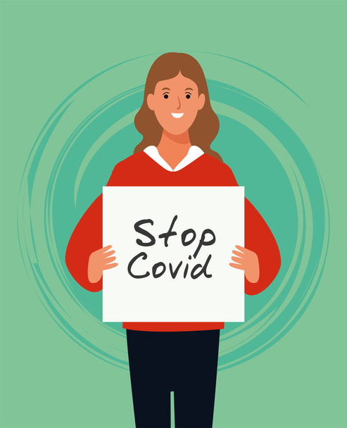 woman with stop covid19 banner character - Vektor, kép