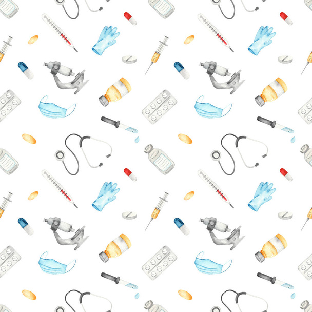 Lékařské nástroje a léky na bílém pozadí. Akvarel bezešvný vzor - Fotografie, Obrázek