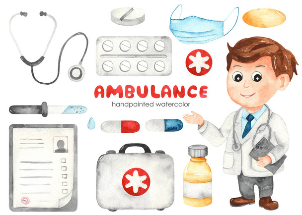 Médecin dessin animé mignon, pilules, stéthoscope, valise, médecine. Clipart dessiné à la main aquarelle
 - Photo, image
