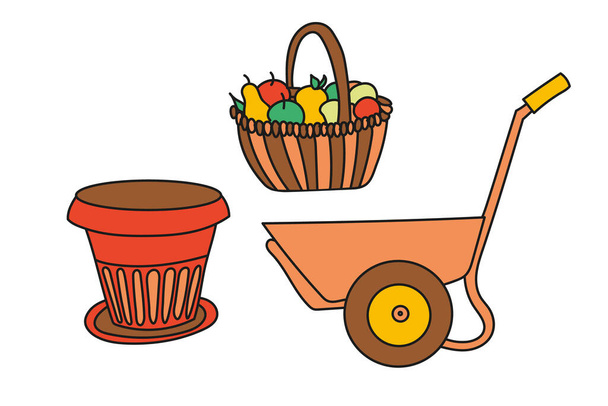 Set illustration of a wheelbarrow, wicker basket and large garden pot on a white background. - Vector, Imagen