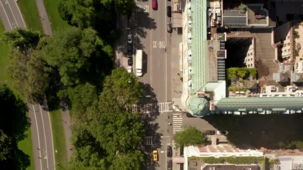 AERIAL: Birds View of New York City street at centrall park on beautiful sunny summer day  - Кадри, відео