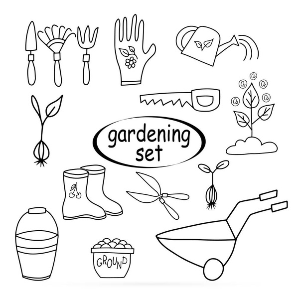 Doodle kertészeti berendezések ikon elszigetelt fehér. Kertészkedés. Sketch vaktor készlet illusztráció - Vektor, kép