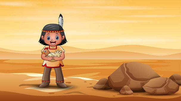 Индейский мальчик-индеец с курицей в пустыне
 - Вектор,изображение