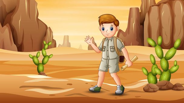 Το αγόρι πρόσκοπος πεζοπορία στην έρημο τομέα με χάρτες - Διάνυσμα, εικόνα