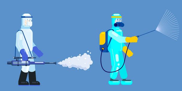 Mans edical scientists in chemical protection suit disinfects spray to cleaning and disinfect virus Covid-19, Coronavirus disease, preventive measures. Vector illustration flat style - Vector, Image
