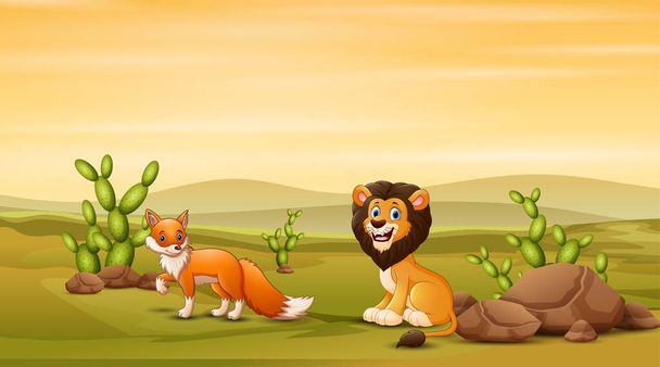 ライオンと狐のサバンナイラスト - ベクター画像