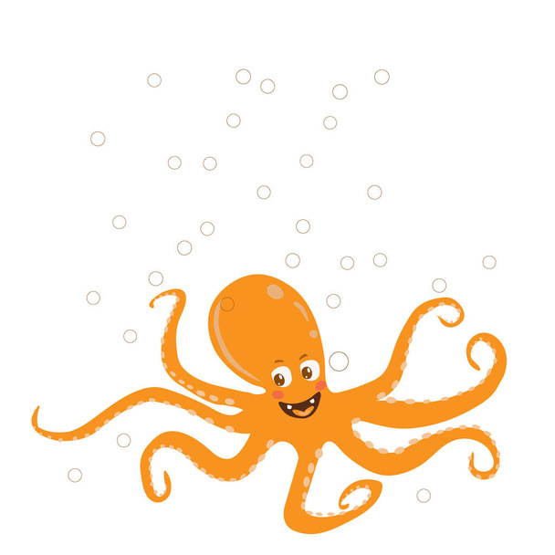 Piatto di polpo arancione carino vettoriale con bolle d'acqua. Stile Doodle. L'icona del polpo. illustrazione per annuncio zoo, concetto di natura, illustrazione libro per bambini - Vettoriali, immagini