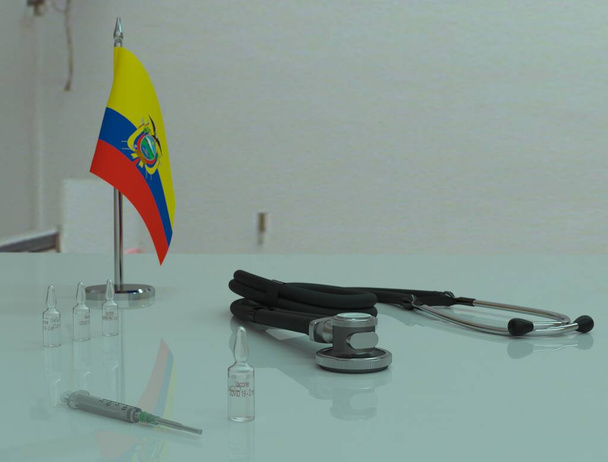 Injekční stříkačka, COVID 19 koronovirová vakcína a fonendoskop na lékařském stole v Ekvádoru. - Fotografie, Obrázek