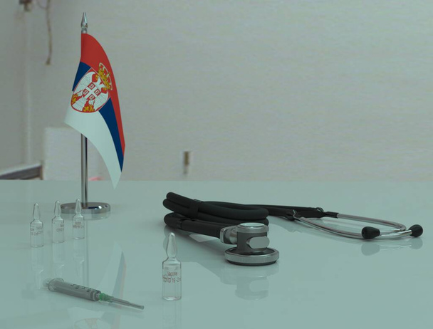 シリンジ、 COVID 19コロノウイルスワクチンとセルビアの医療テーブル上のフォノ内視鏡. - 写真・画像