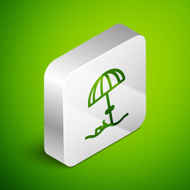 Isometric line Sun protective umbrella for beach icon isolated on green background. Large parasol for outdoor space. Beach umbrella. Silver square button. Vector Illustration - Vector, Image