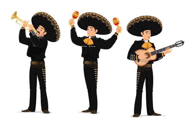 Mariachi mexická muzikantská kapela. Cartoon vektorové postavy hrající na kytaru, trubku a marakas nástroje. Latinská hudební skupina v mexických sombrero a národních kostýmech. Mariachi karnevaloví hudebníci - Vektor, obrázek