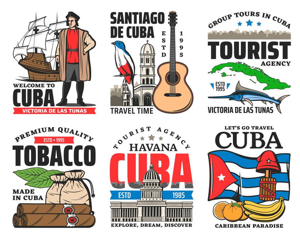 キューバ旅行や観光のベクトルアイコン。キューバの旗、地図と島の旅行のランドマーク、ハバナの葉巻とタバコの葉、カリブ海のバナナとオレンジ、ギター、マリンとコラム、トロゴン、自由キャップ - ベクター画像