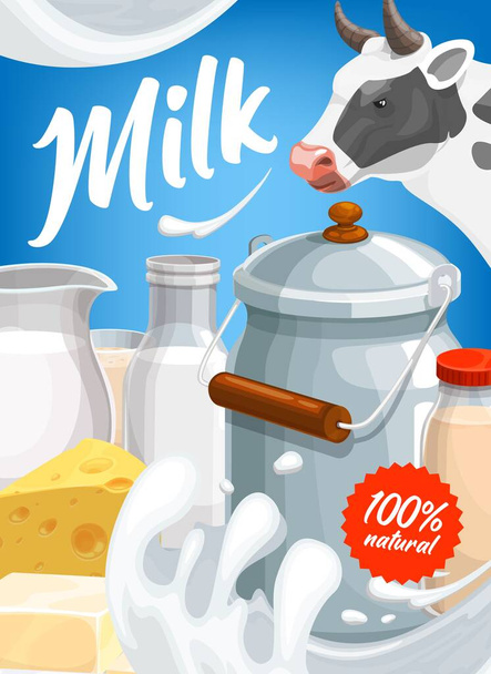 Dairy farm milk food products, vector poster with milk splash on blue background. Cattle farm cow farming, natural organic milk in pitcher glass jug and can, yogurt, butter and cottage cheese - Vector, Image