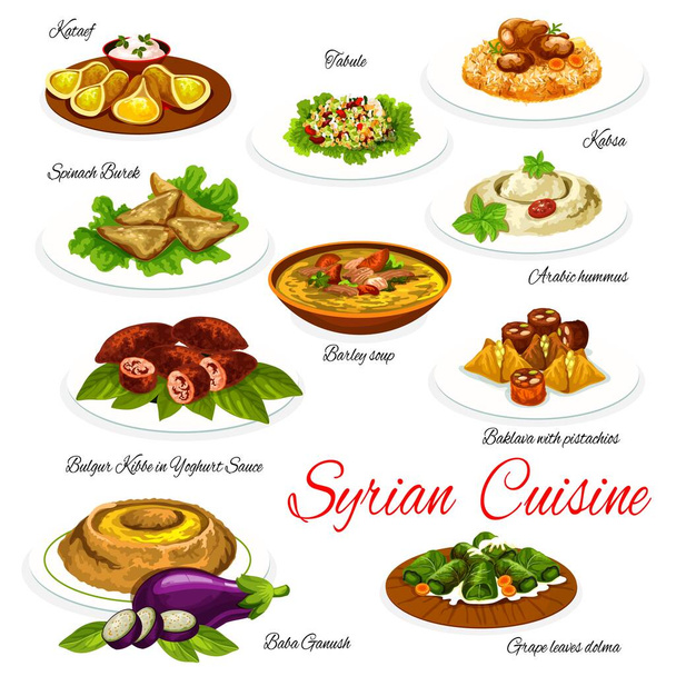 Szíriai konyha zöldség- és húsételek desszertekkel, vektorételekkel. Humusz, árpaleves és bulgur saláta, csirke rizs, baklava, dió gombóc és dolma, padlizsán mártás, spenót és báránysült pite - Vektor, kép