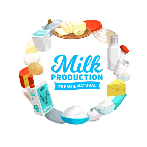 Векторная икона молока и яичных продуктов молочной фермы. Сыр, йогурт, масло и сливки в бутылке, стакан и пакет с коровой, миска творога, сметана, йогурт и творог
 - Вектор,изображение