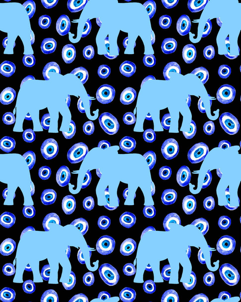 seamless colorful bright pattern with elephants print and evil eye beads - Photo, Image