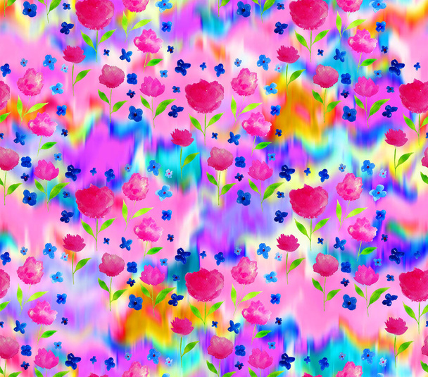abstract seamless colorful bright tie dye pattern with flowers  - Photo, image