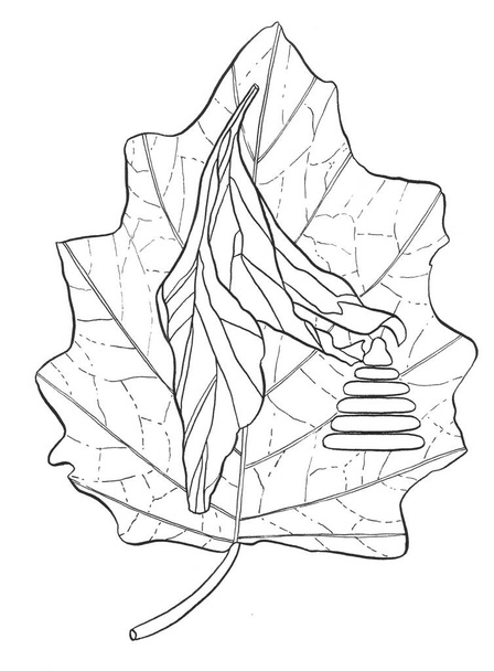 Desenhos animados decorativos Folha viva monocromática Tinta mão desenho ilustração com um galho de árvore e pirâmide de crianças
 - Foto, Imagem