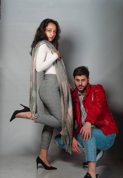 Portrait of cool young man and woman wearing trendy stylish clothes - Fotoğraf, Görsel