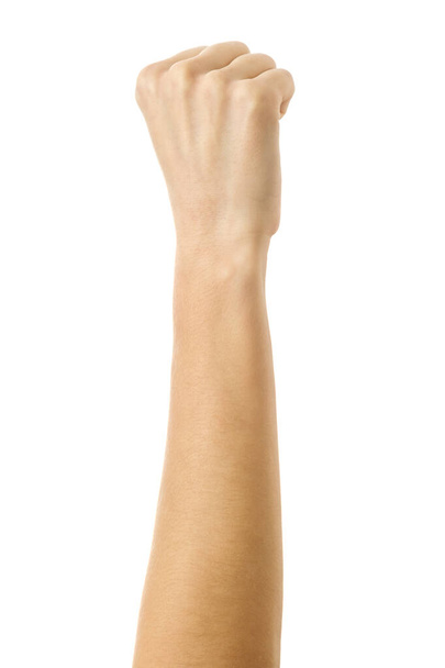 Hand clenched in a fist. Vertical image. Woman hand with french manicure gesturing isolated on white background. Part of series - Fotografie, Obrázek