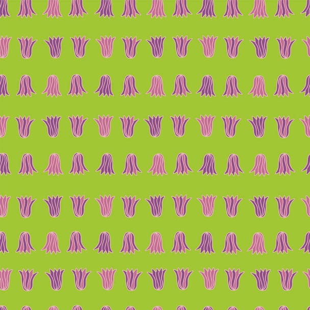 ライラ、バイオレット、ピンクブルーベルの花が緑の背景に隔離されたベクトルシームレスパターン. - ベクター画像