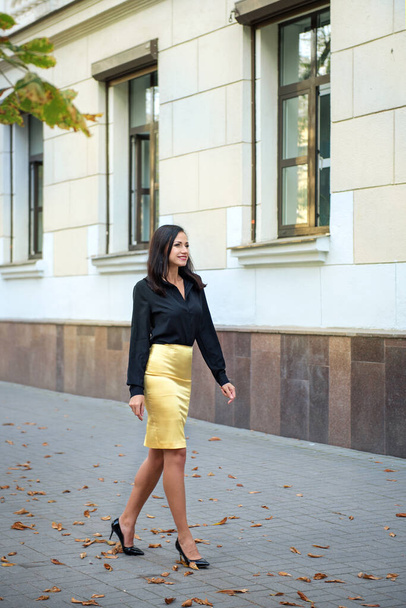 portrait of a young elegant business woman walking along a street - 写真・画像