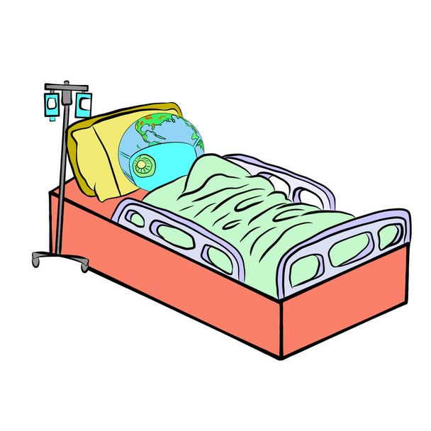 Koncepcja zapobiegania covid-19.Łóżko pacjenta ma kulę ziemską, leżąc jako chory i nosząc maskę higieniczną, dekoracyjne serii ze względu na zanieczyszczenie powietrza, choroby, zarazki, itp.Ręcznie rysowane, kreatywne z ilustracją. - Zdjęcie, obraz