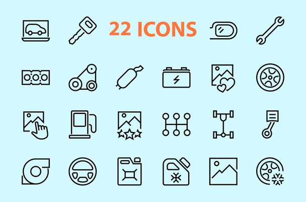 A simple set of car services related vector line icons. Contains icons such as oil, diagnostics, turbine, steering wheel, chassis, gearbox and much more. Editable move. 480x480 On a white background - Vector, Image