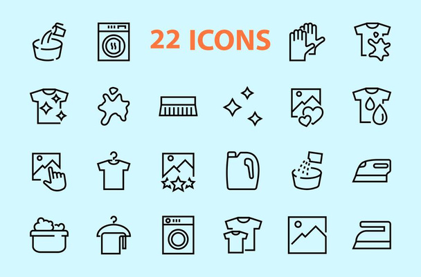  Simple set of washing related vector line Icons. Contains icons such as washing machine, powder, laundry, dirty t-shirt and much more. On a white background, editable stroke. 48x48 pixels perfect - Vector, Image