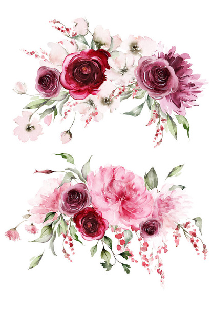 Set of watercolor bouquets for cards, banners, invitations. Wedding arrangements with flowers. - Photo, Image