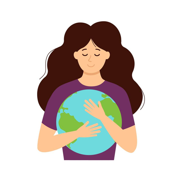 Mädchen umarmt und kümmert sich um die Erde mit Herz Land Inside On Earth Day Concept Card Character Vector Illustration - Vektor, Bild