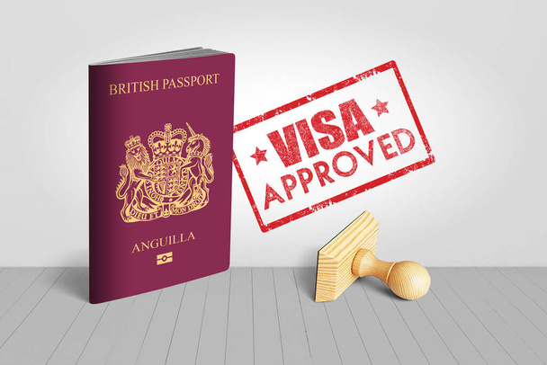 Διαβατήριο Ανγκουίλα με Visa εγκριθεί ξύλινο γραμματόσημο για ταξίδια - 3D Εικονογράφηση - Φωτογραφία, εικόνα