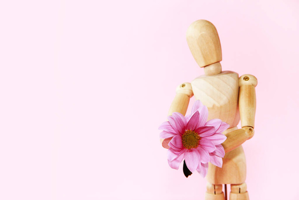 ξύλινη κίτρινη μανεκέν κρατά ροζ χρυσάνθεμα ένα λουλούδι - Φωτογραφία, εικόνα
