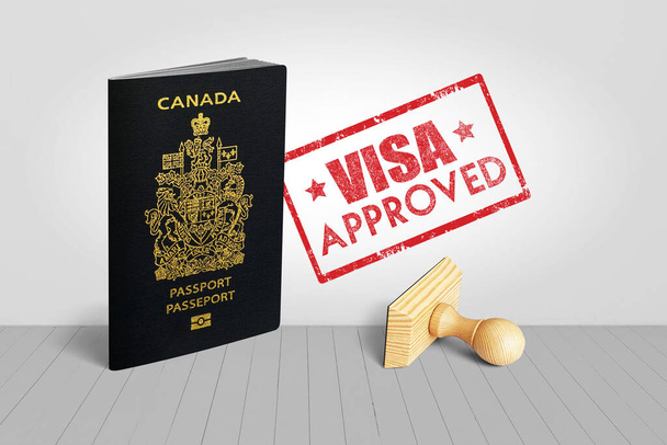 Kanada-Pass mit visazugelassenem Holzstempel für Reisen - 3D-Illustration - Foto, Bild