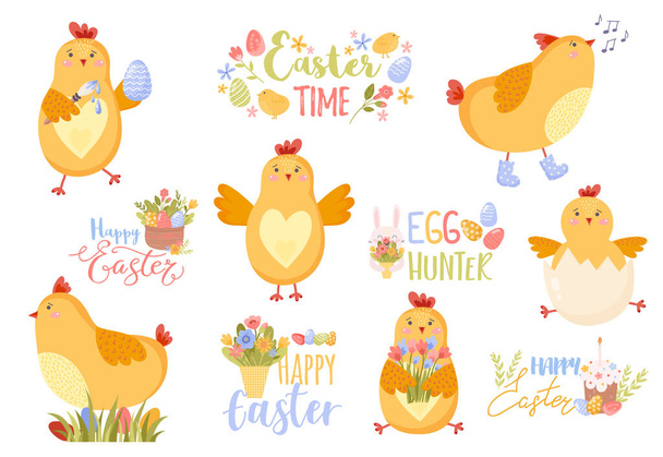 Happy Easter. Vector set of easter chicken for card, poster, flyer - Vector, Image