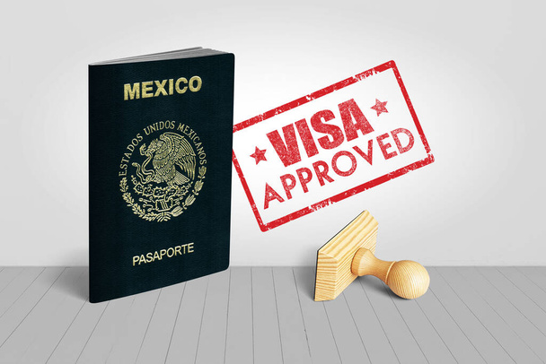 Pasaporte de México con sello de madera aprobado por Visa para viajar - Ilustración 3D
 - Foto, imagen