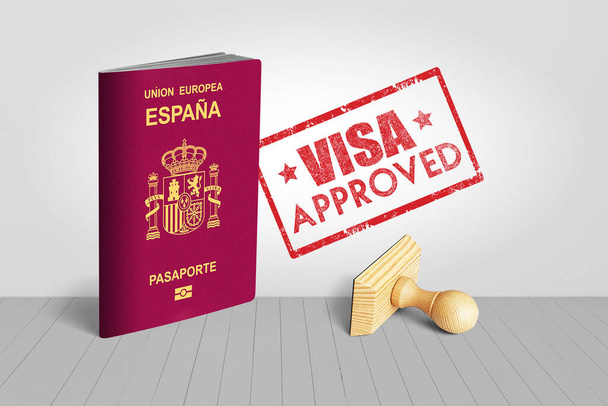 Spain Passport with Visa Approved Wooden Stamp for Travel - 3D Illustration - Фото, зображення