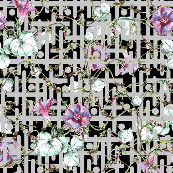 Watercolor violet bindweed on black background. Decorative gray stripes with flowers. Floral seamless pattern. - Foto, Imagem