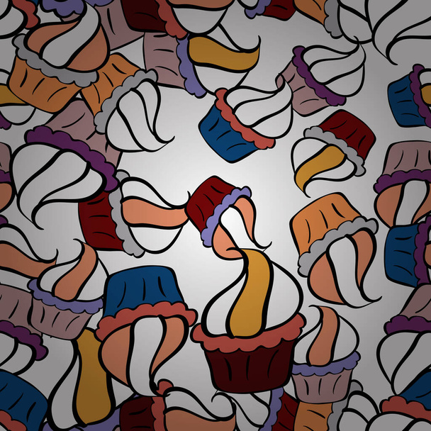 Handgezeichnet umreißt bunte nahtlose Muster mit Cupcakes, niedlichen Hintergrund auf schwarz, weiß und orange. Vektorillustration. Süßigkeiten-Design. - Vektor, Bild